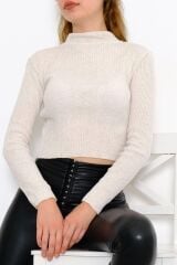 Kadın Crop Kesim Uzun  Kol Likralı Triko Kazak Ekru