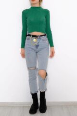 Kadın Crop Kesim Uzun  Kol Likralı Triko Kazak Yeşil