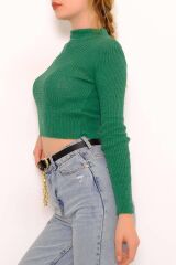 Kadın Crop Kesim Uzun  Kol Likralı Triko Kazak Yeşil