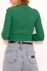 Kadın Crop Kesim Uzun  Kol Likralı Triko Kazak Yeşil