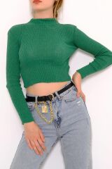 Kadın Crop Kesim Uzun  Kol Likralı Triko Kazak Yeşil