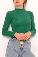 Kadın Crop Kesim Uzun  Kol Likralı Triko Kazak Yeşil