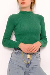Kadın Crop Kesim Uzun  Kol Likralı Triko Kazak Yeşil