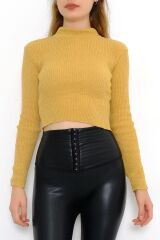 Kadın Crop Kesim Uzun  Kol Likralı Triko Kazak Hardal