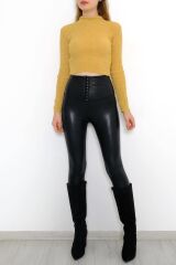 Kadın Crop Kesim Uzun  Kol Likralı Triko Kazak Hardal