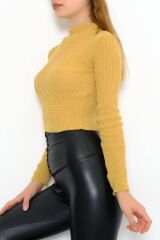 Kadın Crop Kesim Uzun  Kol Likralı Triko Kazak Hardal