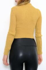 Kadın Crop Kesim Uzun  Kol Likralı Triko Kazak Hardal