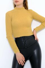 Kadın Crop Kesim Uzun  Kol Likralı Triko Kazak Hardal