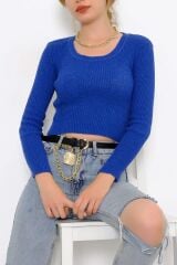 Kadın Crop Kesim Uzun  Kol Likralı Triko Kazak Saks