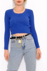 Kadın Crop Kesim Uzun  Kol Likralı Triko Kazak Saks