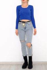 Kadın Crop Kesim Uzun  Kol Likralı Triko Kazak Saks