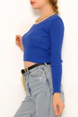 Kadın Crop Kesim Uzun  Kol Likralı Triko Kazak Saks