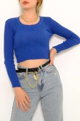 Kadın Crop Kesim Uzun  Kol Likralı Triko Kazak Saks