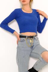 Kadın Crop Kesim Uzun  Kol Likralı Triko Kazak Saks