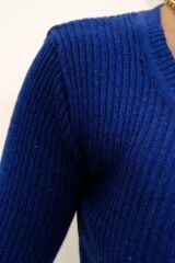 Kadın Crop Kesim Uzun  Kol Likralı Triko Kazak Saks