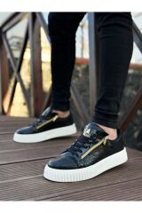 Kalın Yüksek Taban Çift Fermuarlı Siyah Siyah Erkek Ayakkabı Siyah - Beyaz - 44