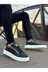 Kalın Yüksek Taban Çift Fermuarlı Siyah Siyah Erkek Ayakkabı Siyah - Beyaz - 44