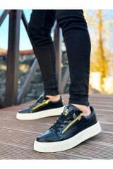 Kalın Yüksek Taban Çift Fermuarlı Siyah Siyah Erkek Ayakkabı Siyah - Beyaz - 44