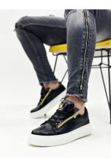 Kalın Yüksek Taban Çift Fermuarlı Siyah Siyah Erkek Ayakkabı Siyah - Beyaz - 44