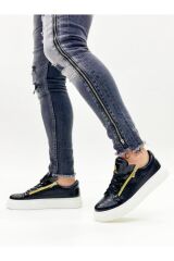 Kalın Yüksek Taban Çift Fermuarlı Siyah Siyah Erkek Ayakkabı Siyah - Beyaz - 44