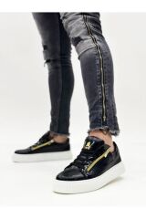 Kalın Yüksek Taban Çift Fermuarlı Siyah Siyah Erkek Ayakkabı Siyah - Beyaz - 44