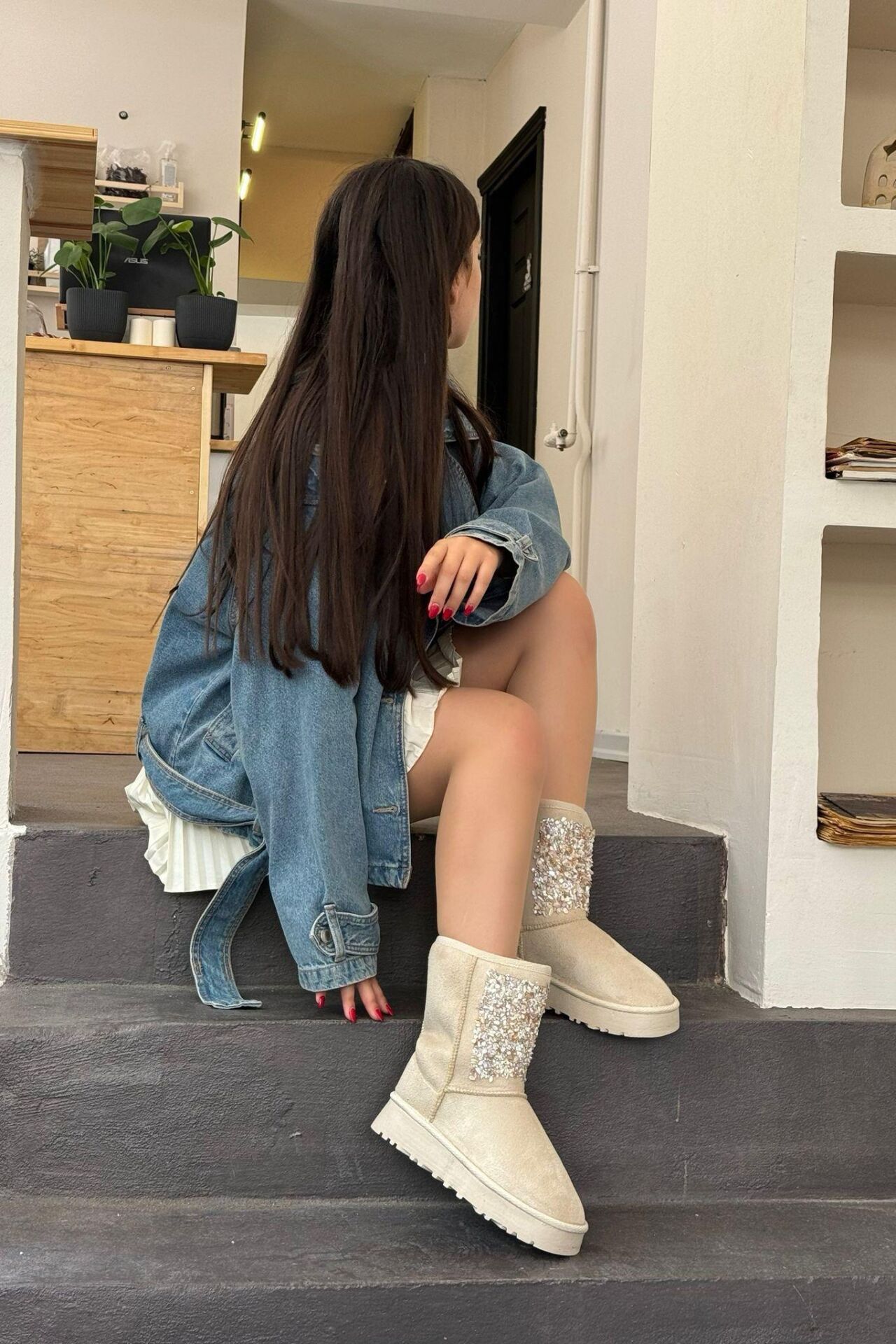 Kadın Lüx Süet Taşlı İçi Kürklü Kışlık Kalın Taban Konforlu Bot Bej - 36