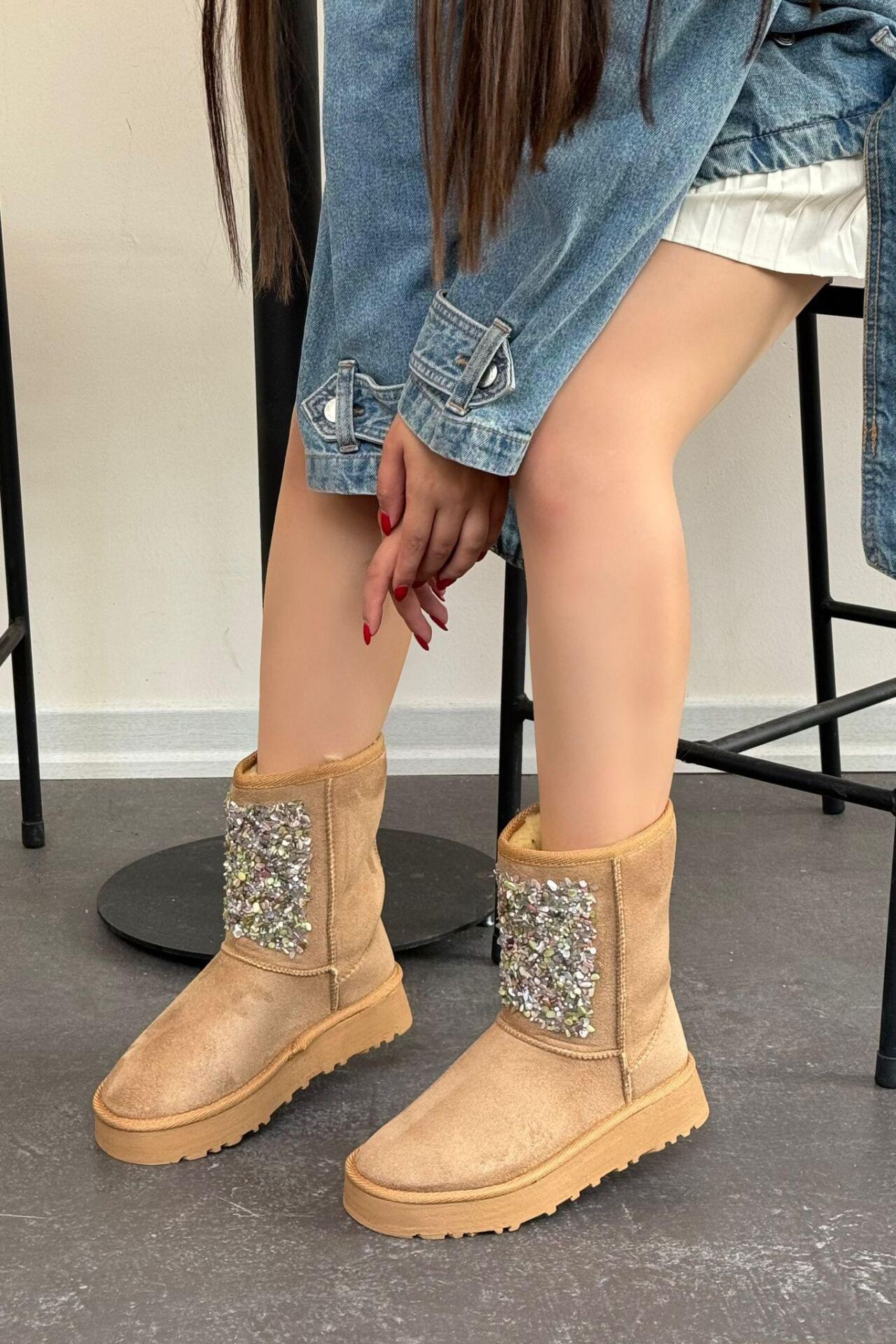 Kadın Lüx Süet Taşlı İçi Kürklü Kışlık Kalın Taban Konforlu Bot Kahverengi - 40