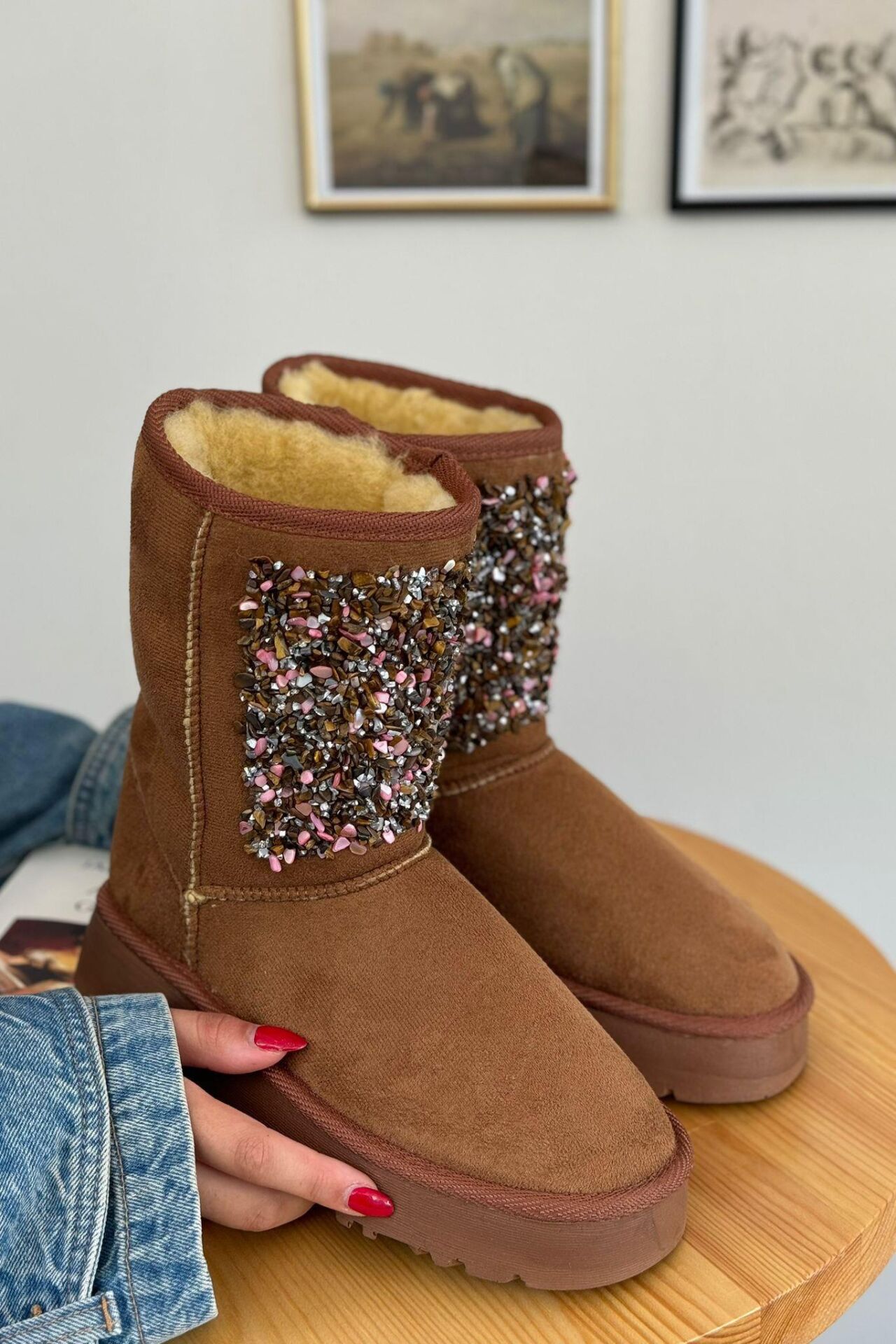 Kadın Lüx Süet Taşlı İçi Kürklü Kışlık Kalın Taban Konforlu Bot Taba - 36