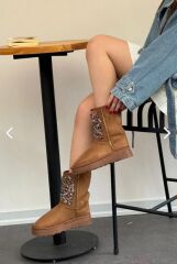 Kadın Lüx Süet Taşlı İçi Kürklü Kışlık Kalın Taban Konforlu Bot Taba - 36