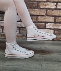 Yarım Bilek Kot Keten Bağcıklı Günlük Rahat Esnek  Düz Şeffaf Taban  Bez Ayakkabı Sneaker Beyaz - 36