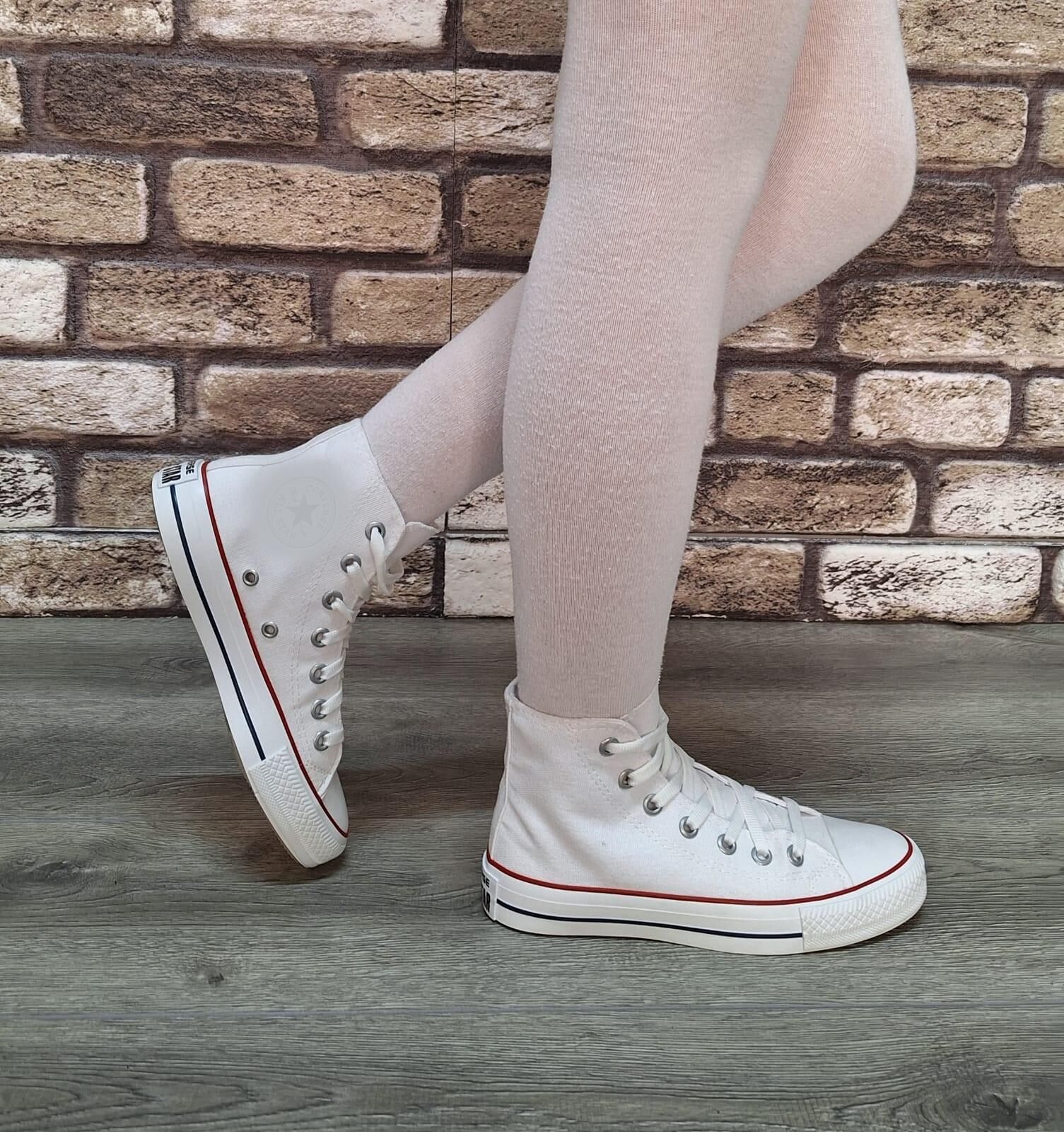 Yarım Bilek Kot Keten Bağcıklı Günlük Rahat Esnek  Düz Şeffaf Taban  Bez Ayakkabı Sneaker Beyaz - 39