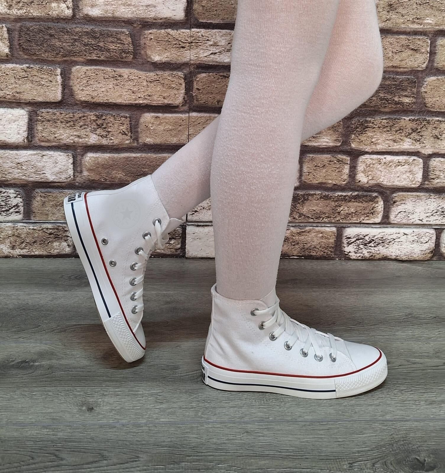 Yarım Bilek Kot Keten Bağcıklı Günlük Rahat Esnek  Düz Şeffaf Taban  Bez Ayakkabı Sneaker Beyaz - 40