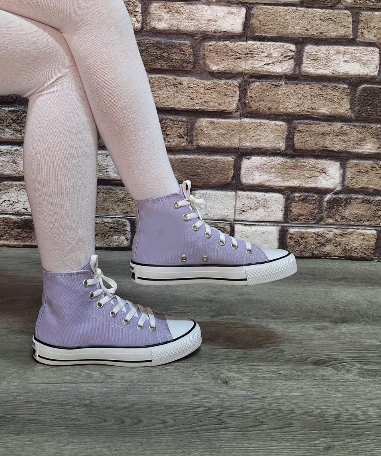 Yarım Bilek Kot Keten Bağcıklı Günlük Rahat Esnek  Düz Şeffaf Taban  Bez Ayakkabı Sneaker Lila - 38