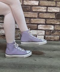 Yarım Bilek Kot Keten Bağcıklı Günlük Rahat Esnek  Düz Şeffaf Taban  Bez Ayakkabı Sneaker Lila - 38