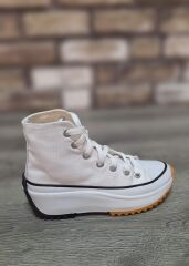Yarım Bilek Yüksek Taban Kot Keten Bağcıklı Günlük Rahat  Bez Ayakkabı Sneaker Beyaz - 38