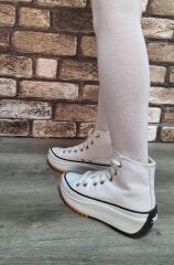 Yarım Bilek Yüksek Taban Kot Keten Bağcıklı Günlük Rahat  Bez Ayakkabı Sneaker Beyaz - 38
