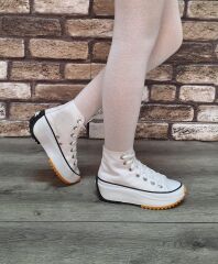 Yarım Bilek Yüksek Taban Kot Keten Bağcıklı Günlük Rahat  Bez Ayakkabı Sneaker Beyaz - 38