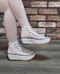 Yarım Bilek Yüksek Taban Kot Keten Bağcıklı Günlük Rahat  Bez Ayakkabı Sneaker Beyaz - 38