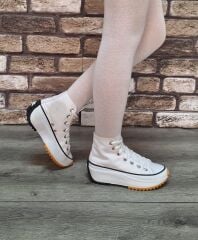 Yarım Bilek Yüksek Taban Kot Keten Bağcıklı Günlük Rahat  Bez Ayakkabı Sneaker Beyaz - 39
