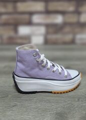 Yarım Bilek Yüksek Taban Kot Keten Bağcıklı Günlük Rahat  Bez Ayakkabı Sneaker Lila - 36
