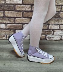 Yarım Bilek Yüksek Taban Kot Keten Bağcıklı Günlük Rahat  Bez Ayakkabı Sneaker Lila - 38