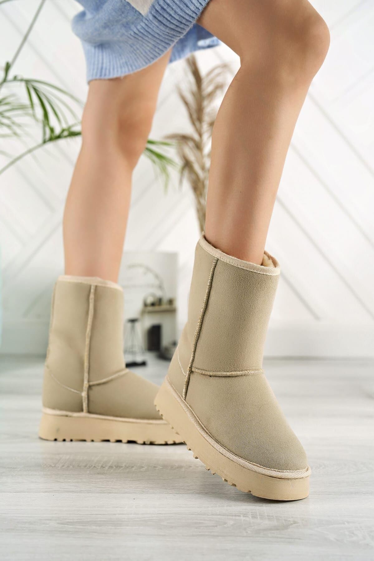 Kadın Lüx Süet İçi Kürklü Kışlık Kalın Taban Konforlu Bot Bej - 37