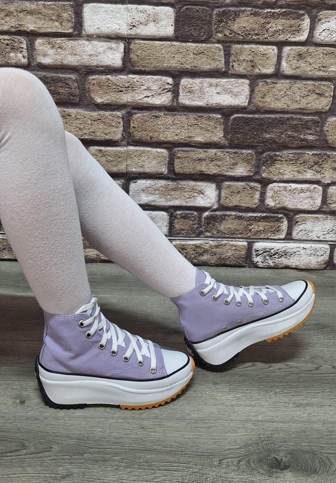 Yarım Bilek Yüksek Taban Kot Keten Bağcıklı Günlük Rahat  Bez Ayakkabı Sneaker Lila - 40