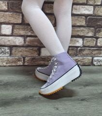 Yarım Bilek Yüksek Taban Kot Keten Bağcıklı Günlük Rahat  Bez Ayakkabı Sneaker Lila - 40