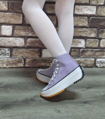 Yarım Bilek Yüksek Taban Kot Keten Bağcıklı Günlük Rahat  Bez Ayakkabı Sneaker Lila - 40