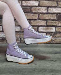 Yarım Bilek Yüksek Taban Kot Keten Bağcıklı Günlük Rahat  Bez Ayakkabı Sneaker Lila - 40