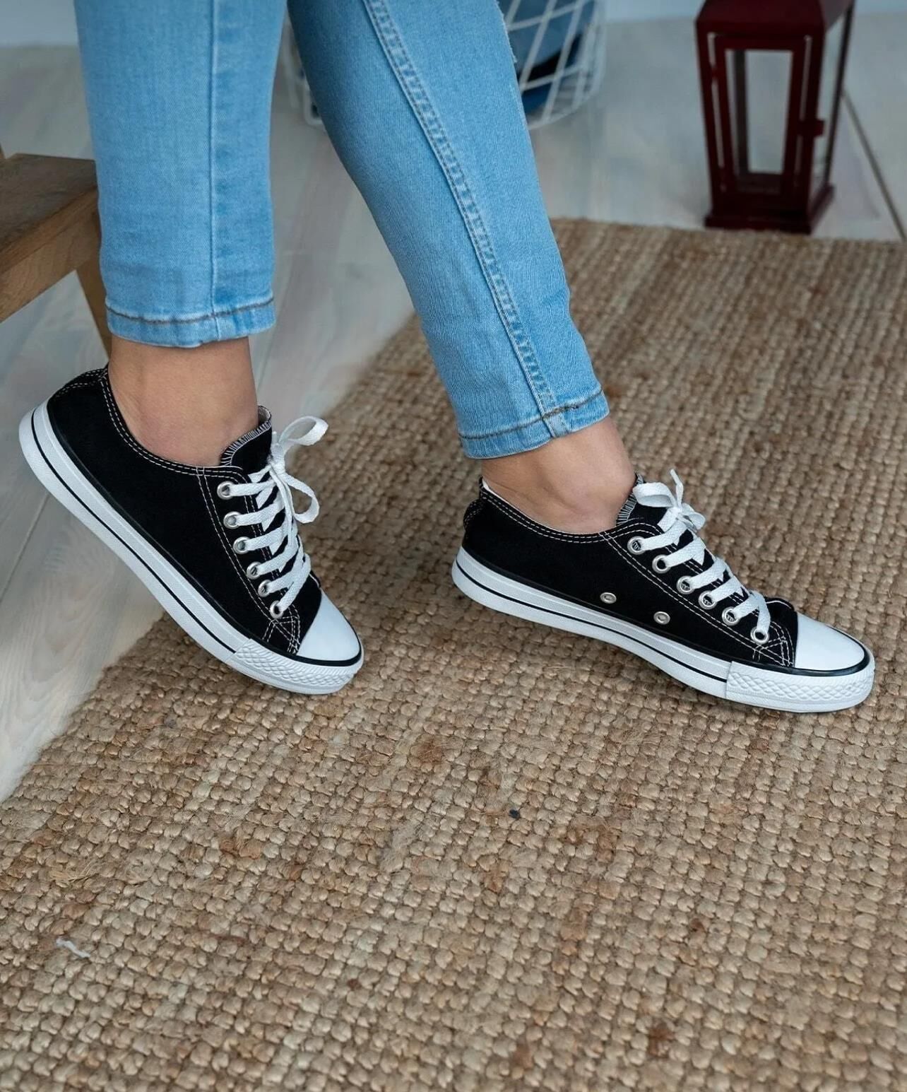 Kısa Kot Keten Bağcıklı Günlük Rahat Esnek  Düz Şeffaf Taban  Bez Ayakkabı Sneaker Siyah - 38