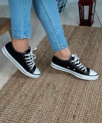 Kısa Kot Keten Bağcıklı Günlük Rahat Esnek  Düz Şeffaf Taban  Bez Ayakkabı Sneaker Siyah - 38