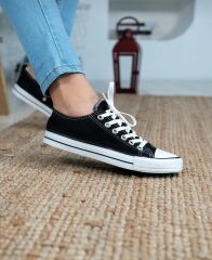 Kısa Kot Keten Bağcıklı Günlük Rahat Esnek  Düz Şeffaf Taban  Bez Ayakkabı Sneaker Siyah - 38