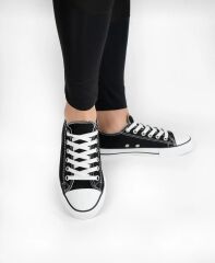 Kısa Kot Keten Bağcıklı Günlük Rahat Esnek  Düz Şeffaf Taban  Bez Ayakkabı Sneaker Siyah - 38